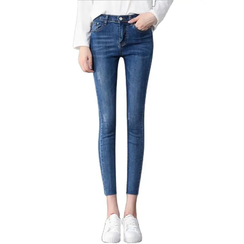 

Women's Striped Splice PU Jeans Mid Elastic Waist Zip Pencil Pants Lady Stretch Trousers Autumn Hot Sale