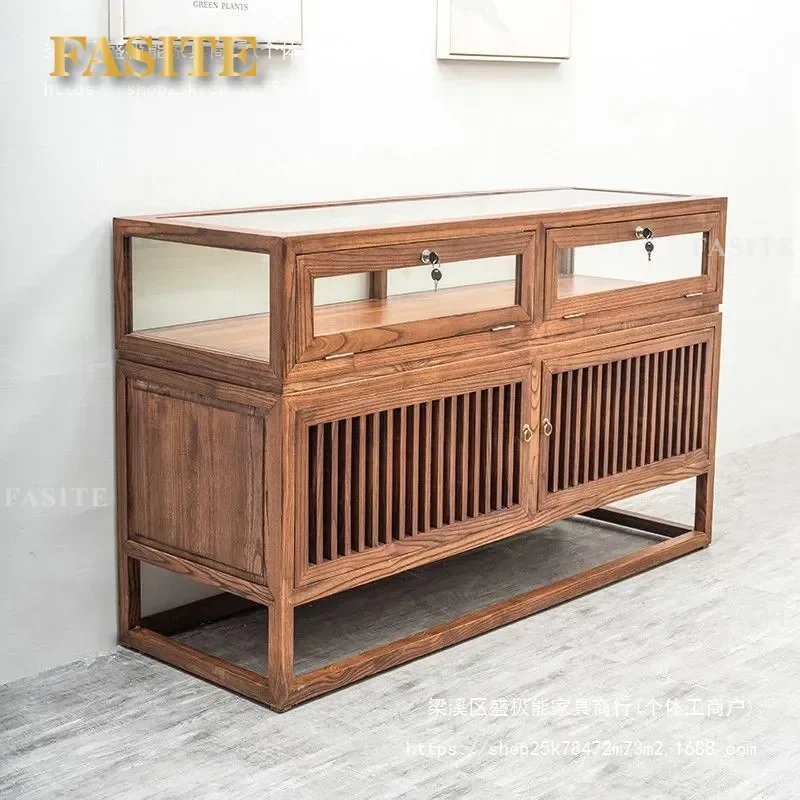 For Solid Wood Jewelry Display Case Glass Showcase Jade Chinese Shelf Tea Wenwan Nakajima Counter Storage Organizer Furniture