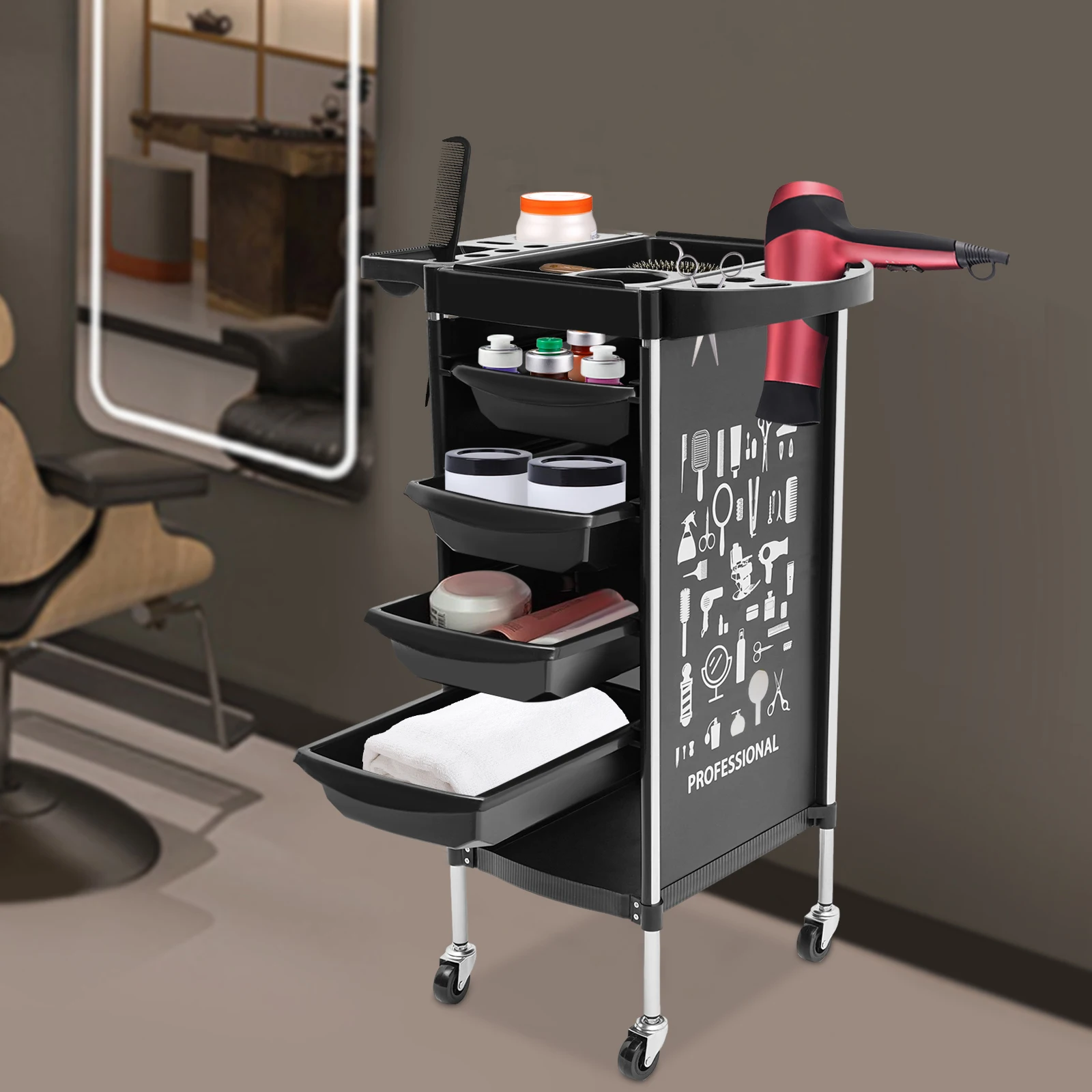 Salon Barber Cart Hairdresser Trolley Hair Colouring Spa Cart w/4 Pull-out Drawers for Stylist Hairstylist