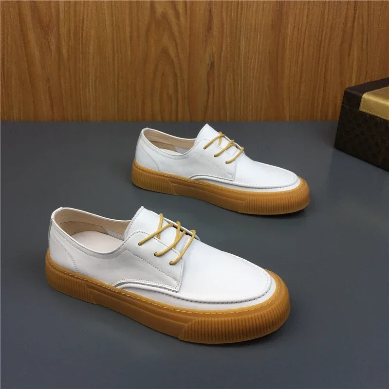 

Summer New Men's Casual Sports Shoes Leather Round Head Soft Sole Lace-up Small White Shoes