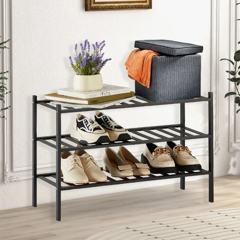 2/3-Tier Stackable Bamboo Shoe Rack | Free Standing Storage for Entryway & Hallway | Sturdy Closet Organizer (Black)