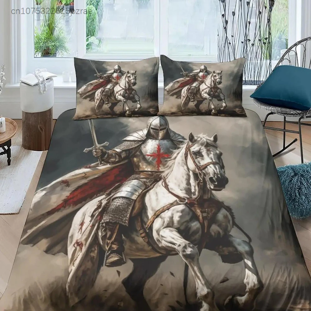 Medieval Duvet Cover Set, Medieval Knight Holding An Aged Old Shield Historical Theme Digital Print Bedding Set