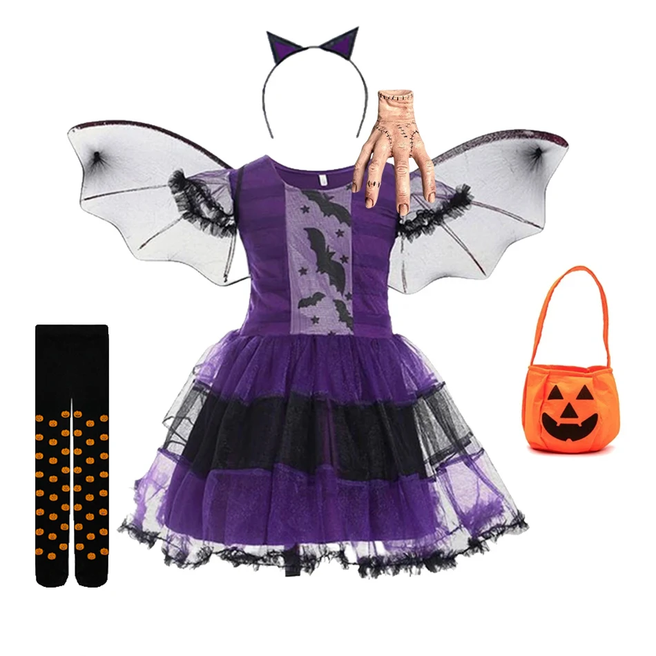 Baby Girls Halloween Witch Costume Children Cosplay Vampire Princess Dresses Kids Dress Up Clothes With Hat Carnival Party Gift