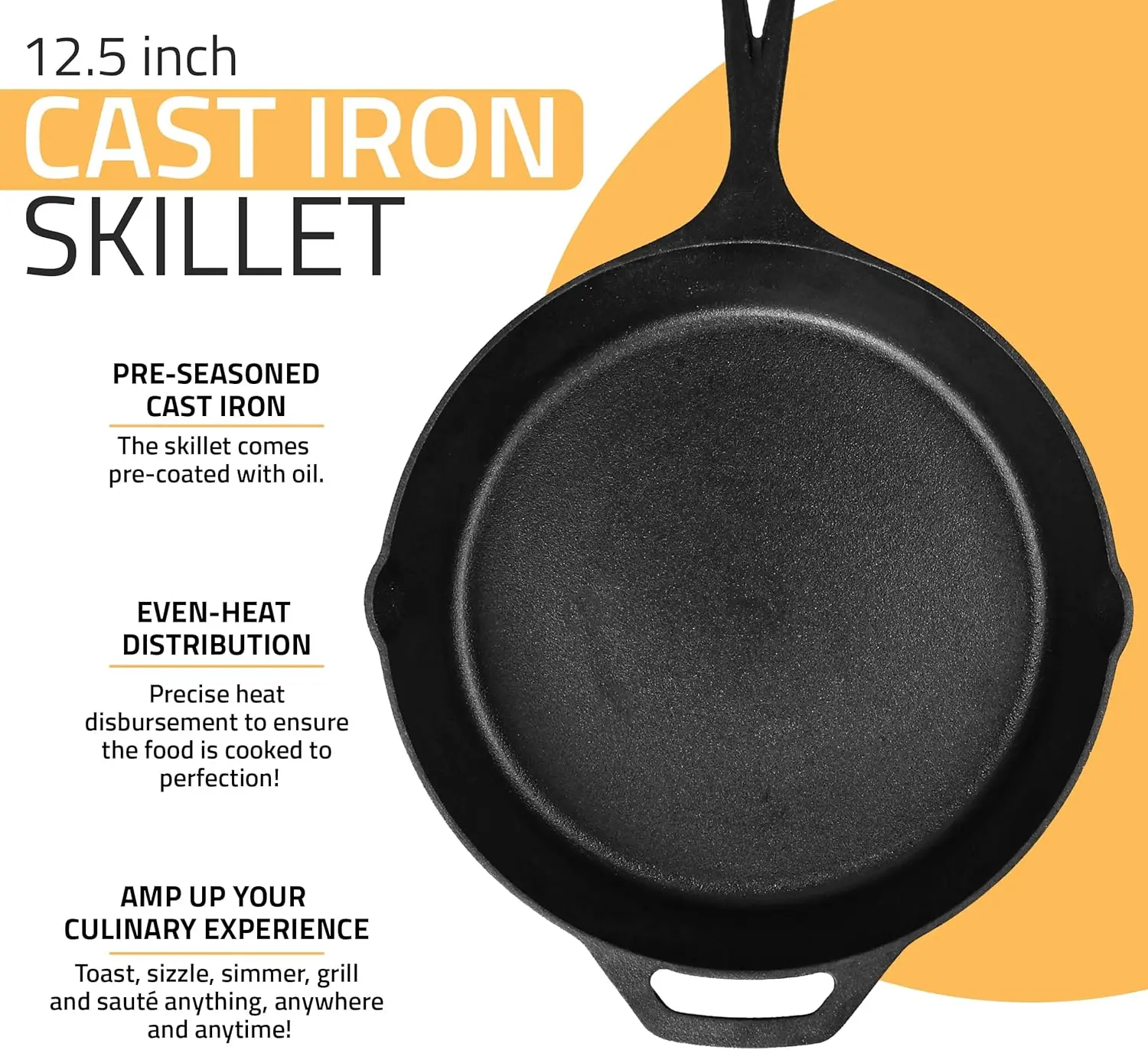 Kitchen Saute Fry Pan - Chefs Pan, Pre-Seasoned Cast Iron Skillet - Frying Pan 12 Inch - Safe Grill Cookware for indoor & Outdoo