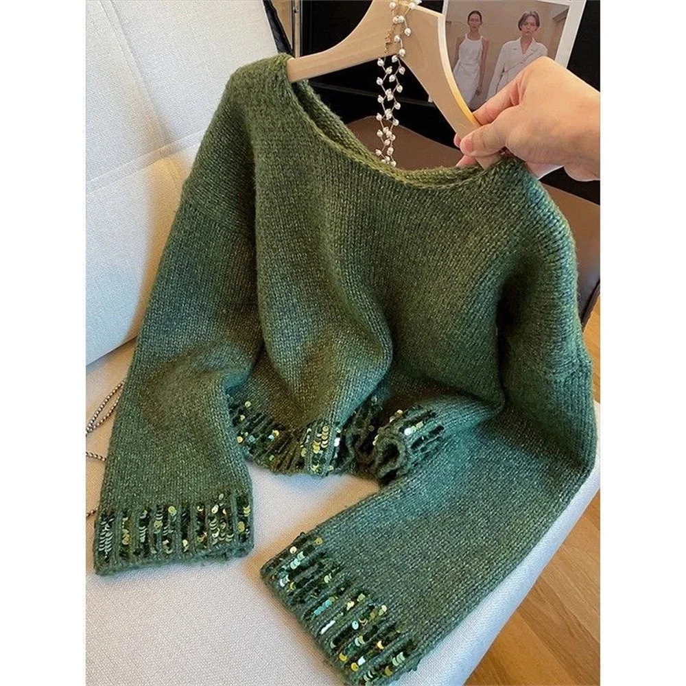 

Женский зеленый свитер с круглым вырезом, весна 2026, с кружевными вставками, в японском стиле, укороченный, пуловер, трикотажный, милый топ для девушек