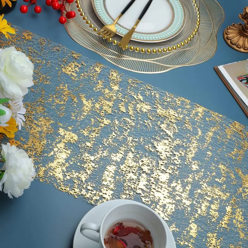 1500cm Gold Table Runner, Sequin Glitter Metallic Foil Thin Mesh Sparkly Runner Roll, for Wedding Birthday Party Decorations