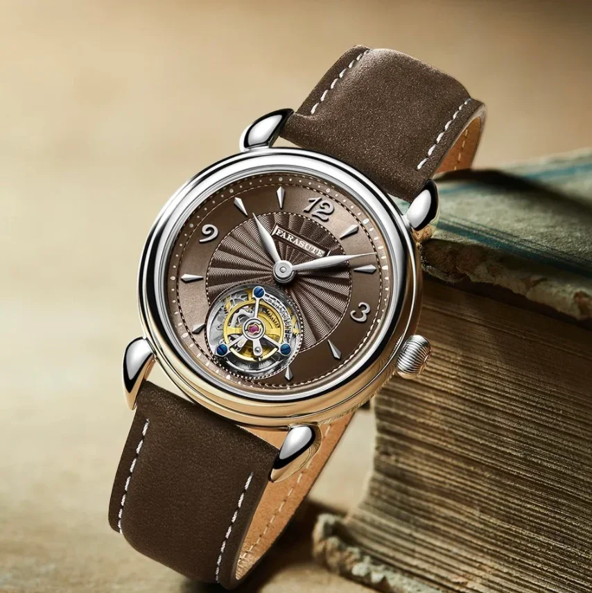 FARASUTE Men Tourbillon Watch 37mm Manual Winding Mechanical Wristwatch Ultrathin Sapphire Mirror Sunburst Dial