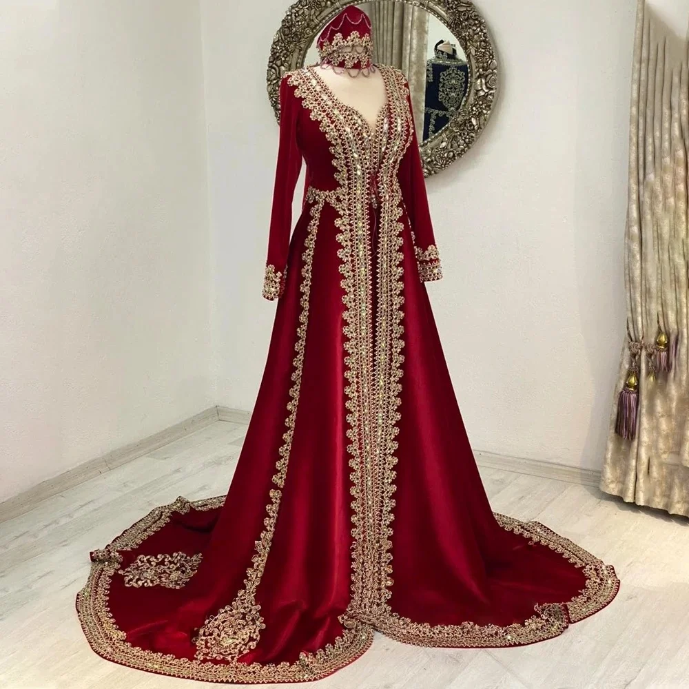 Roter marokkanischer Kaftan, muslimische Abendkleider, A-Linie, lange Ärmel, Applikationen, Dubai, arabisches Abaya, islamisches Kleid, individuell gestaltet