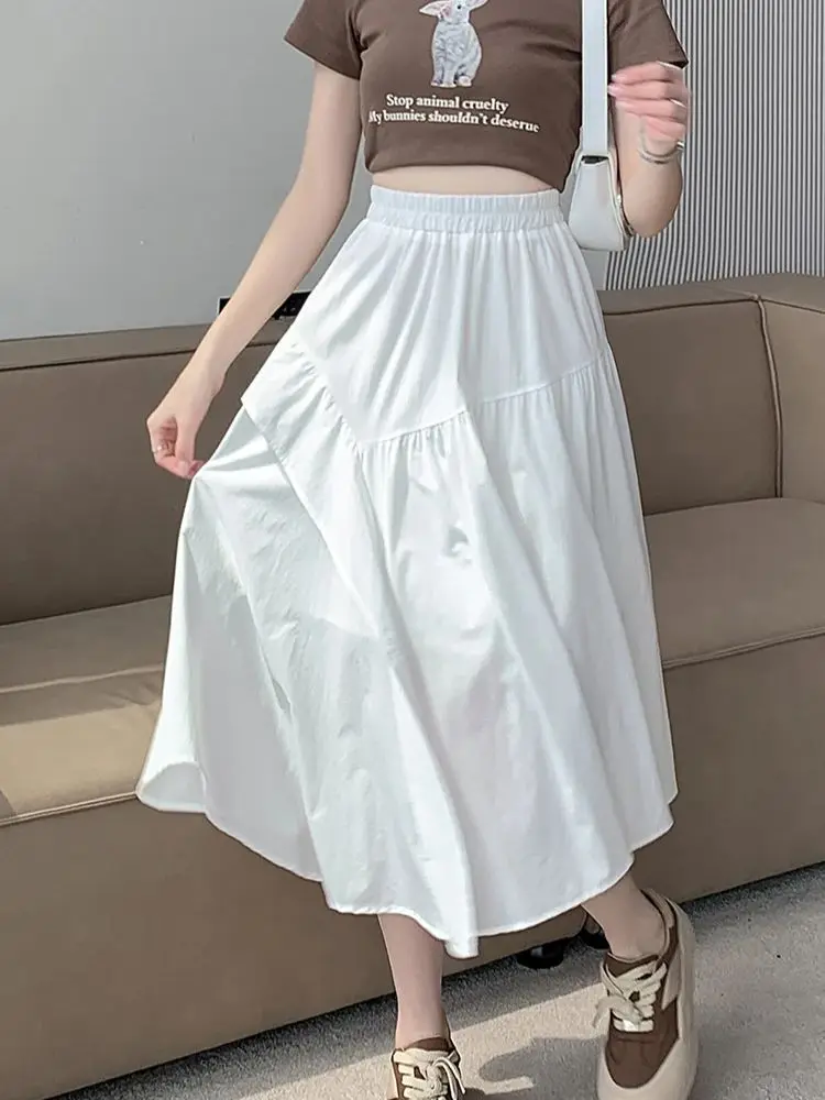 

Summer Ruffles A-line Long Skirt Lady Elastic High Waist Summer Skirt With Linning Female Bottoms For Slim Girls