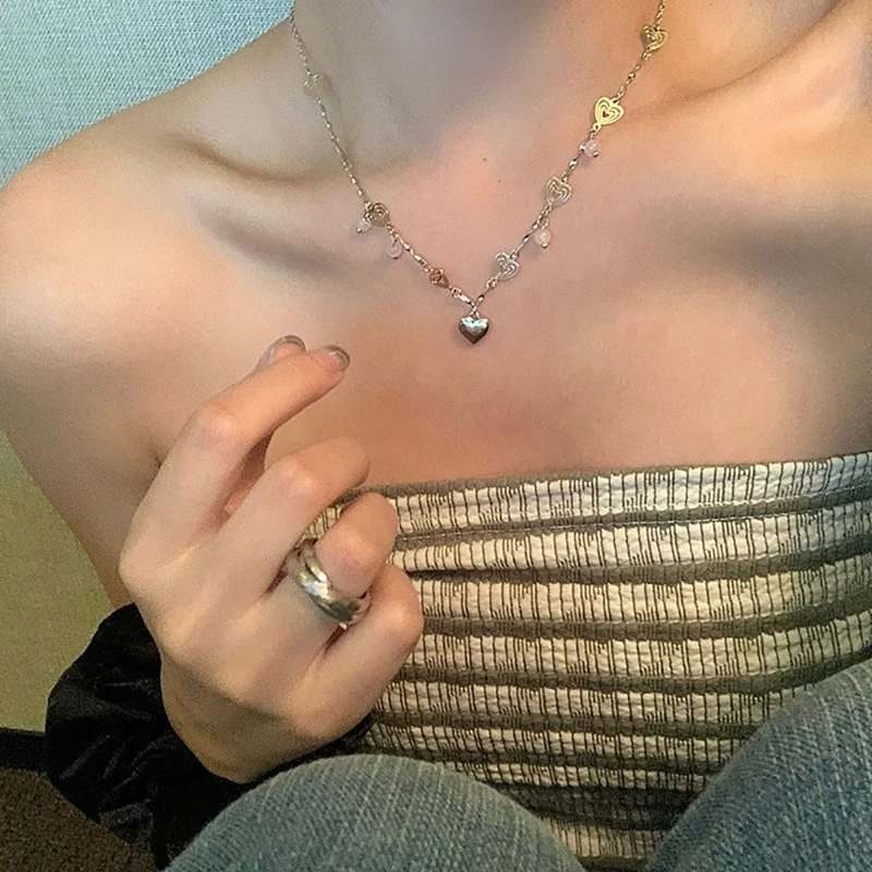 Y1UB Fashion Pink Crystal Heart Pendant Necklace Temperament Charm Choker Neck Chain image 4