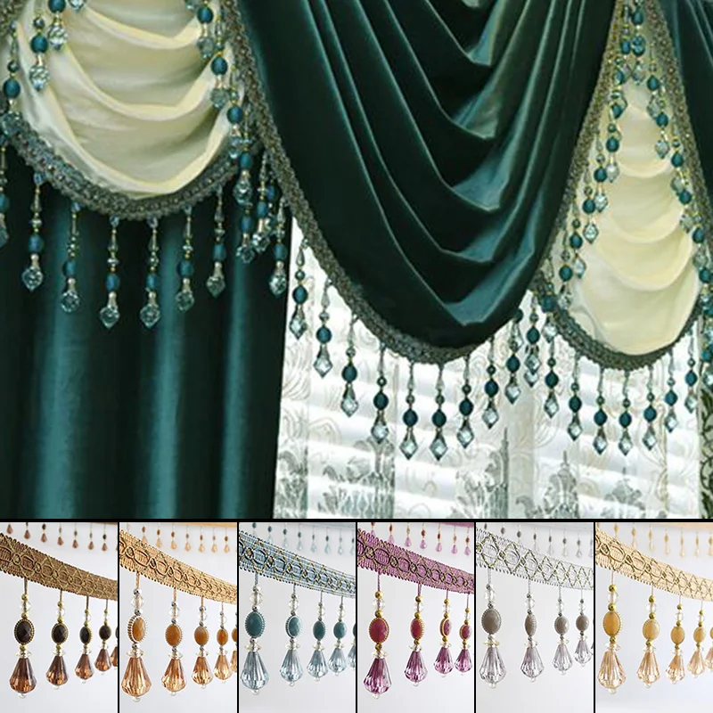 

1M European Curtain Lace Crystal Beads Decoration Lace Trim Tassel Fringe Pendant Ball Beads Curtain Decor Accessories