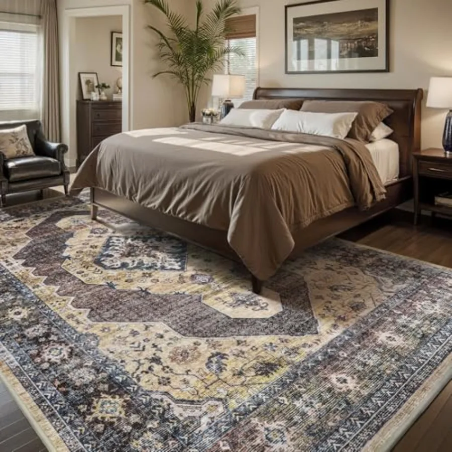 

Machine Washable 6x9 Area Rugs for Bedroom Living Room Dining Room Neutral Farmhouse Vintage Brown Taupe Design Soft Textured C