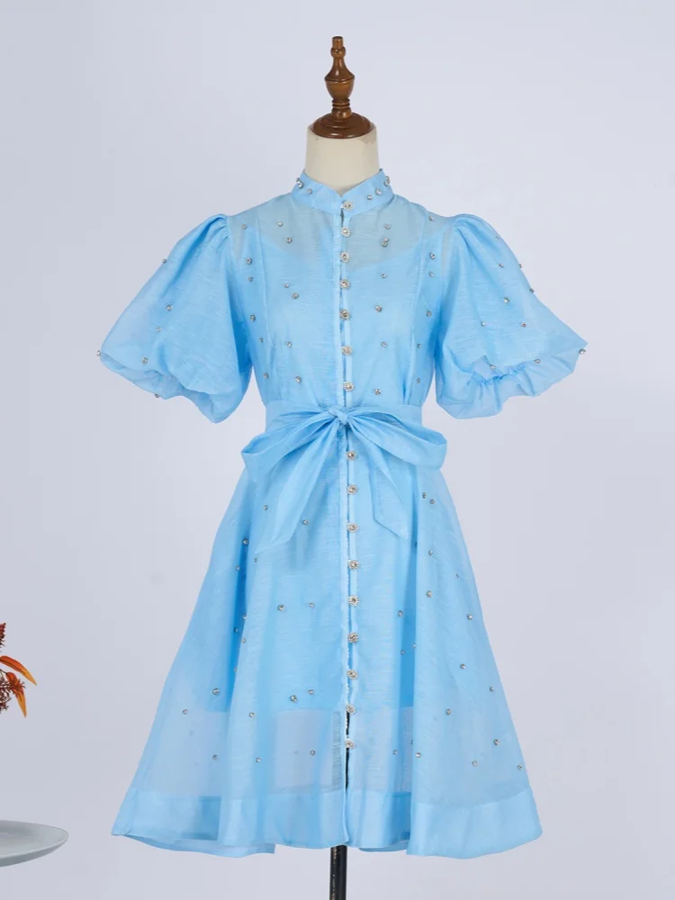 

High-End New Summer Women's Stand Collar Puff Short Sleeve Dress Women's Luxury Beaded Tie Up Slim Waist Runway Short Dresses