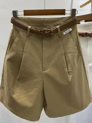 Summer Women's Shorts 2025 Loose Casual Cotton Short with Belt Solid Khaki Black Knee Length Wide Leg Bermuda Shorts for Women