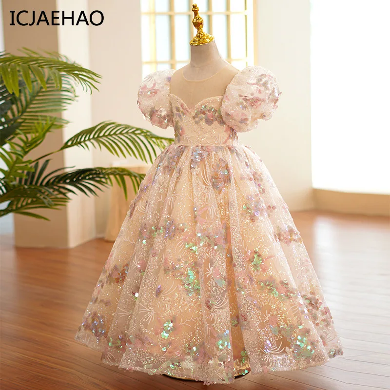 ICJAEHAO Children Evening Dress for Girls 1-12 Years Kids Birthday Party Fluffy Ball Gown Wedding Prom Formal Lace Vintage dress