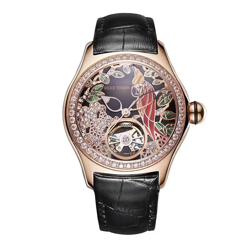 REEF TIGER3D Parrot Ladies Mechanical Watch Fashion Trend Diamond-encrusted Waterproof Automatic Watches