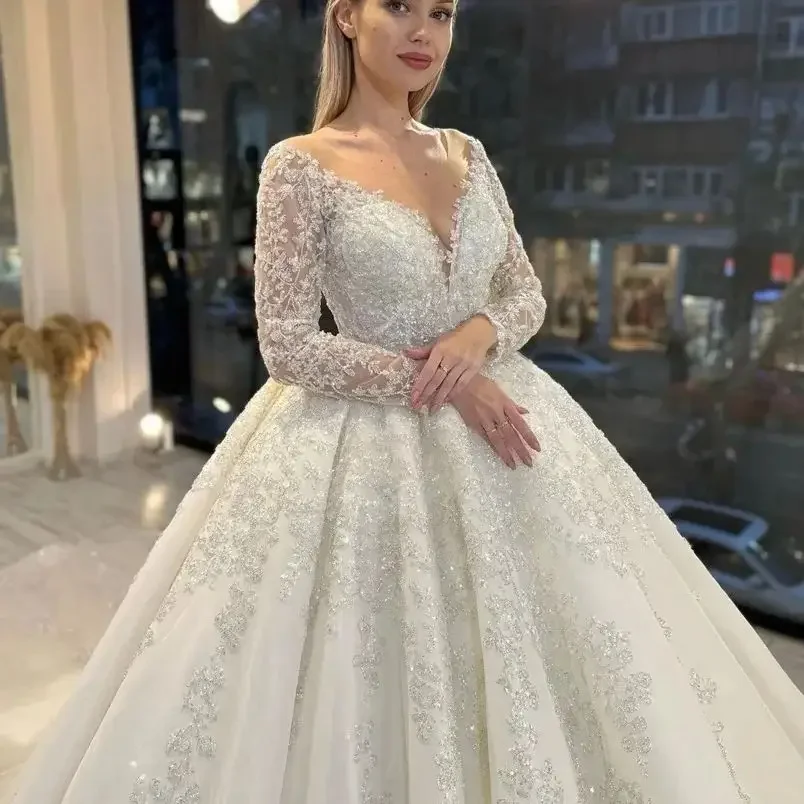 Robe de mariée luxueuse et scintillante en dentelle perlée et paillettes pour femmes, Sexy, col en v, manches longues, robe de mariée personnalisée, nouvelle collection