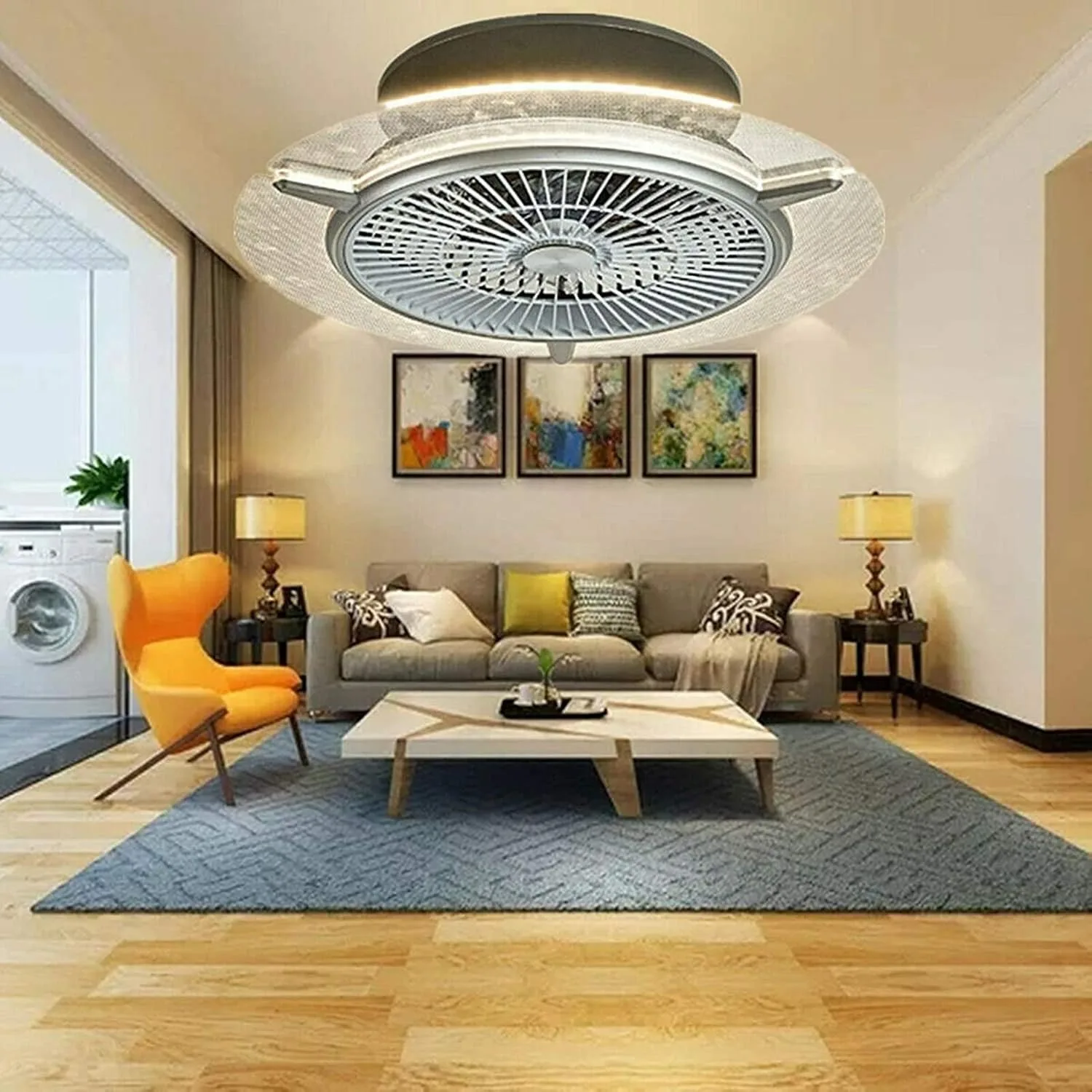 

Modern Smart Ceiling Fan Chandelier LED Dimmable 3 Colors 3 Speed Silent Time Setting with Remote Control Suitable (Gold)