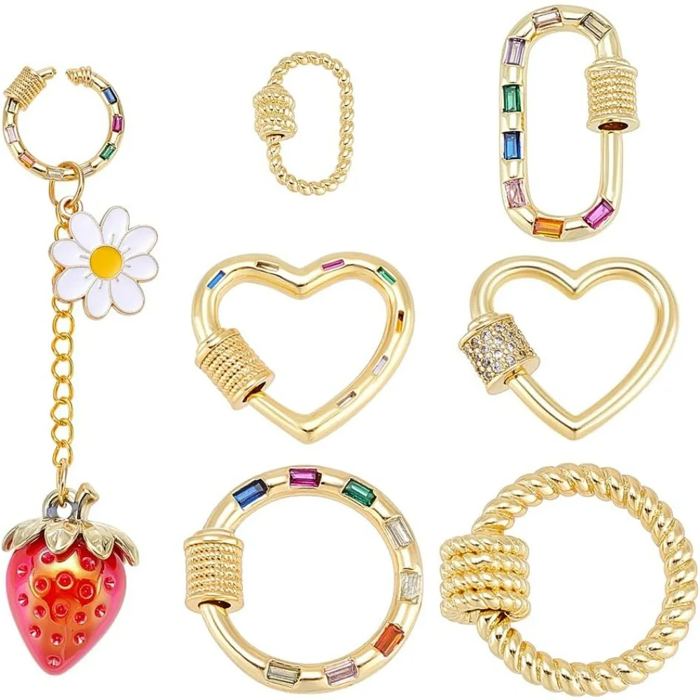 

6Pcs 6 Styles Carabiner Lock Charms Real Brass Jewelry Connectors with Screw Clasps Micro Pave Cubic Zirconia