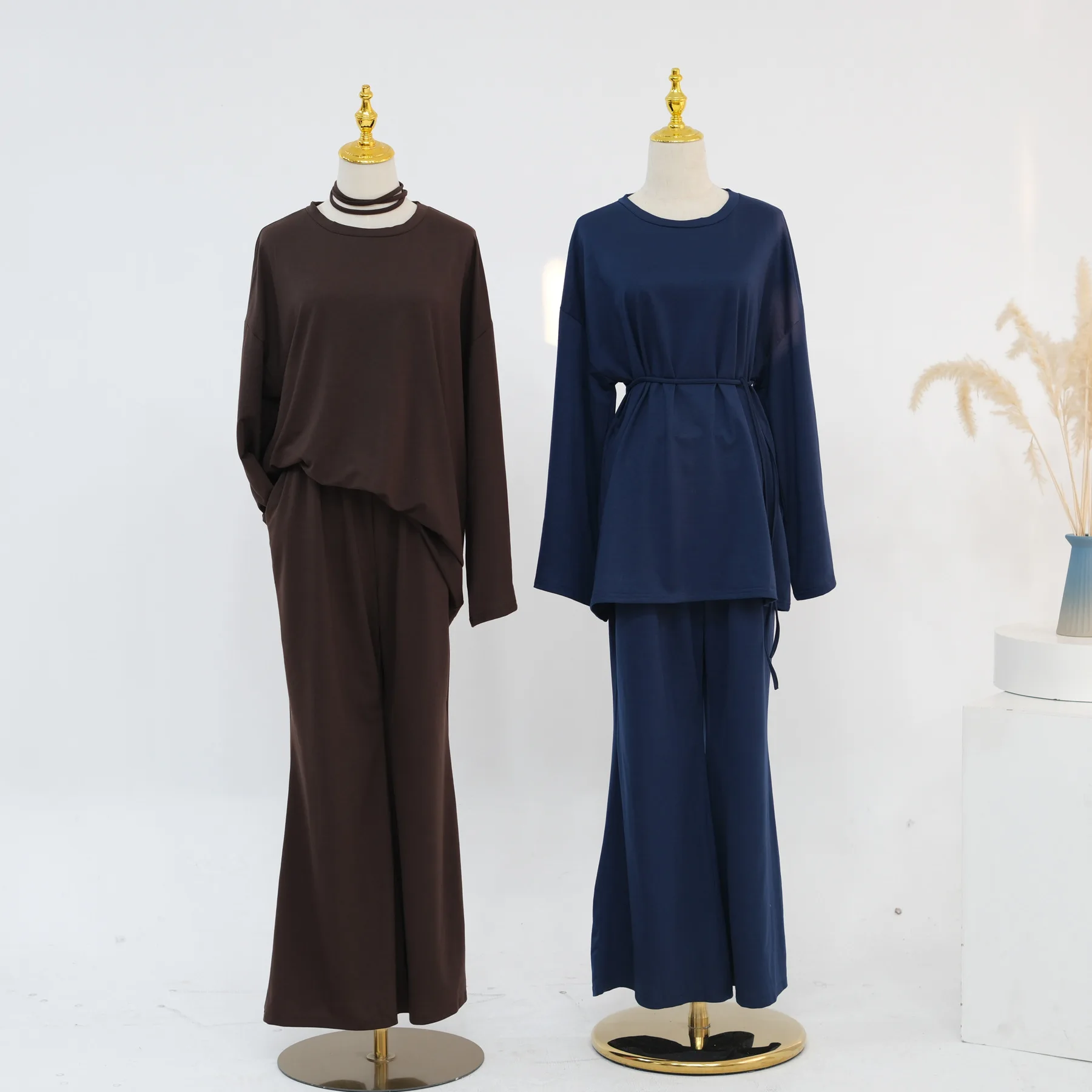 Muslim Women 2 Piece Set Pleated Long Sleeve Tops Wide Leg Pants Trousers Suit Dubai Abaya Turkish Kaftan Dress Gown Eid Mubarak