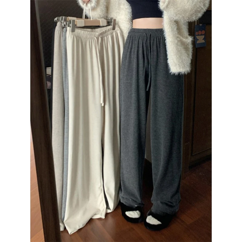 

Women's Casual Pant Korean Style Leisure All-Matched Solid Color High Waist Drawstring Floor-Length Straight Wide Leg Pants