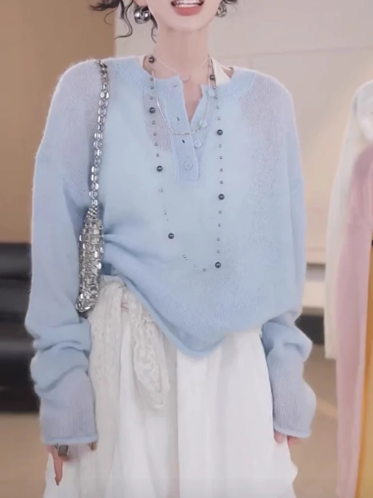 

Soft Long Sve Knitted Sweater f Button Design Comfortable Base Layer Top Trendy Durable Korean Sle Straight Cut Silk