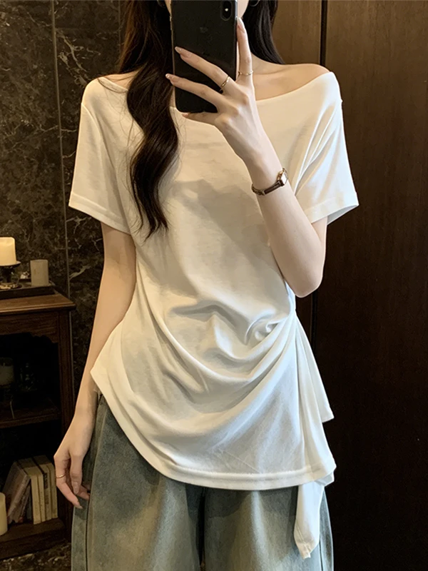 

Summer 2026 Casual round Neck Short Sleeve T-Shirt plus Size Women's Waist Cinched Shoulder Appropriate Korean Style Top