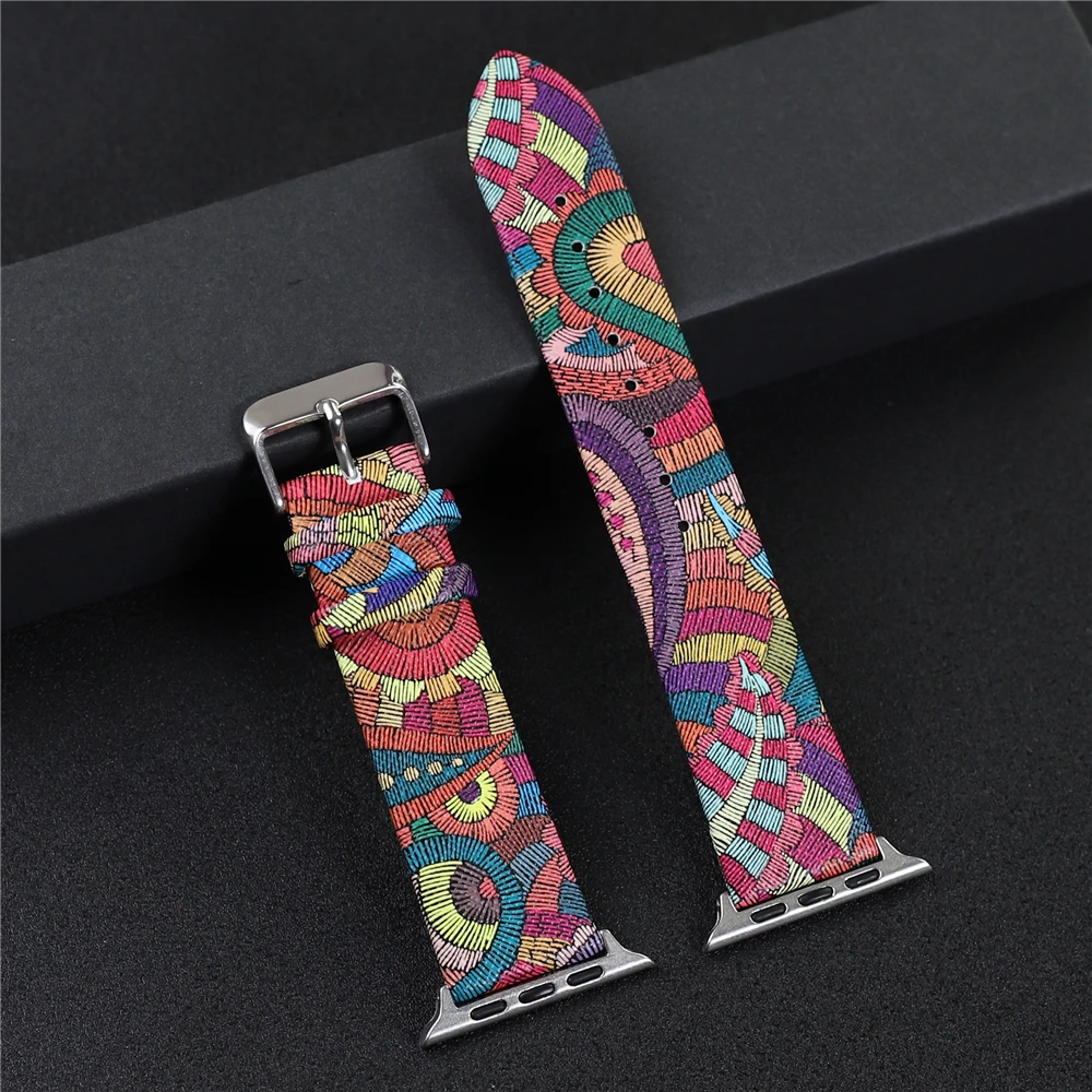 Vibrant Colors Leather Strap for Apple Watch Band 44mm 45mm Ultra 49mm 38mm 40mm 41mm Ethnic Style Bracelet iwatch 9 8 7 6 5 SE