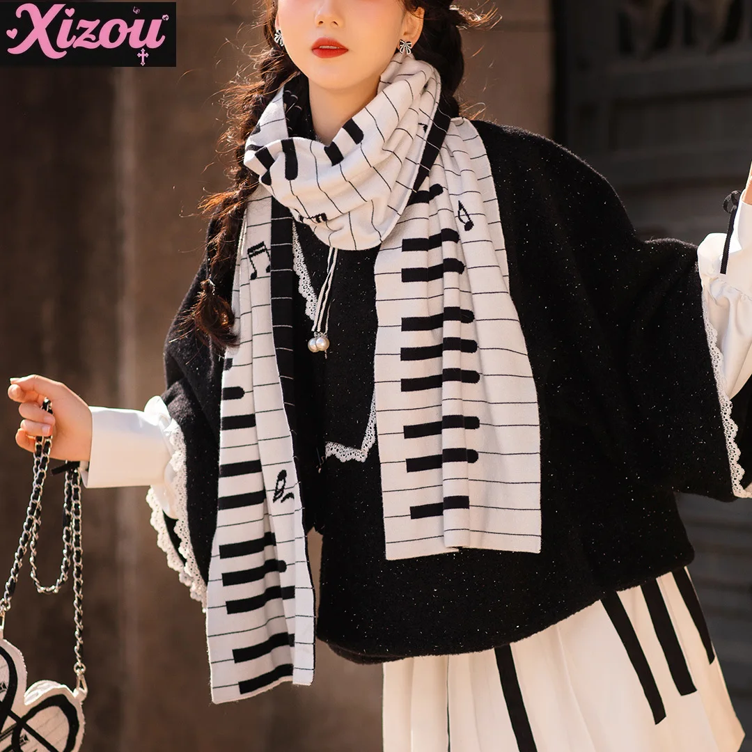 

Japanese sweet cool scale rabbit velvet scarf shawl original black and white piano jacquard knitted winter warm shawl scarf