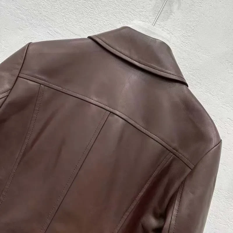 Genuine Leather Jacket Turn-Down Collar Clothes Women Coat Spring Single Breasted Casual Style Brown Color Short Length