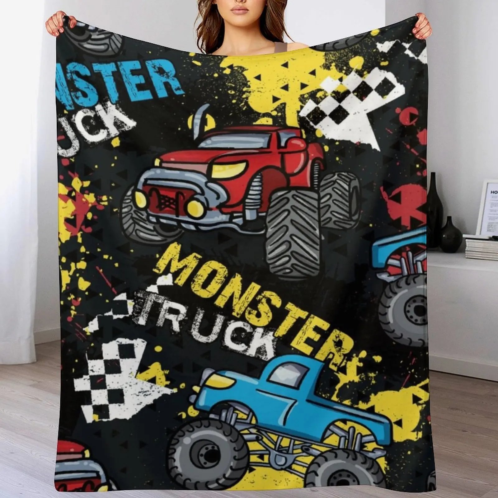 Cool Monster truck pattern Throw Blanket Multi Use Warm Blanket for Living Room Bedroom