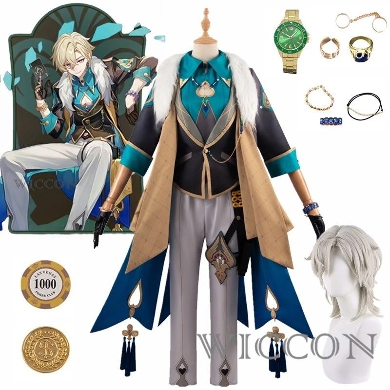 Costume de Cosplay du Jeu Honkai Star Rail Aventurine, Uniforme avec Accessoires de Montre, Perruque d'Halloween, Sha Jin, pour Homme