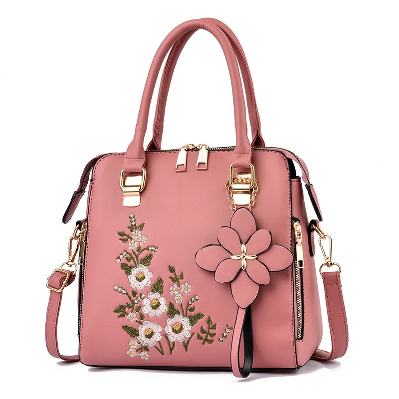 Floral Detail Shoulder Bag, Trendy Zipper Handbag For Work, Casual Crossbody Bag, Women's Floral Decor Purse