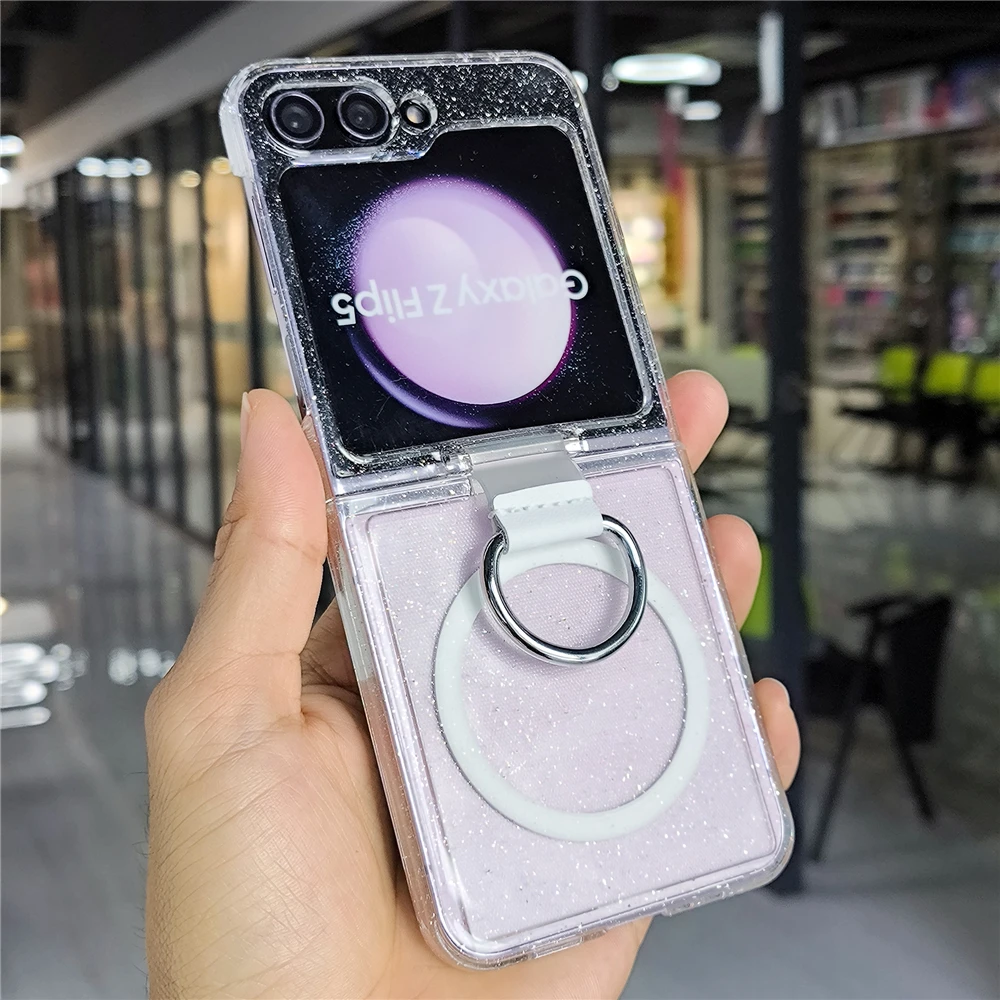 Glitter Transparent Magnetic Ring Holder Case For Samsung Galaxy Z Flip 6 5 4 3 Wireless Charging Shockproof Cover For Z Flip6