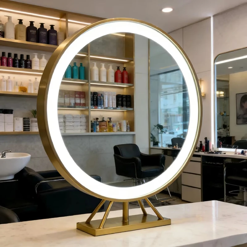 Double-sided LED hair salon mirror, professional gold stainless steel frame round light barber mirror