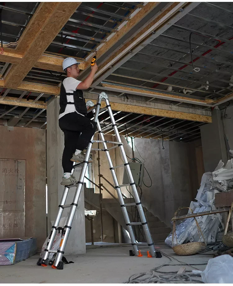 Telescopic Ladder a Frame Aluminum Extension Foldable Ladder with Stabilizer Bar Wheelsladder Rack