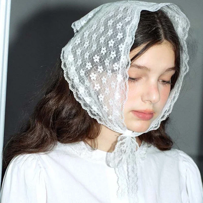 Women French Country Style Lace Mesh Triangle Scarf Spring Summer Floral Hair Scarf Elegant Headwrap Bohemian Hair Accessories