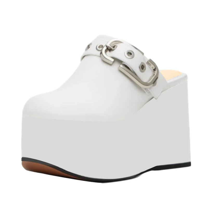 

SHOFOO Fashionable women's high-heeled slippers. White leather slippers. About 16cm heel height. Wedges platform slippers. 34-46