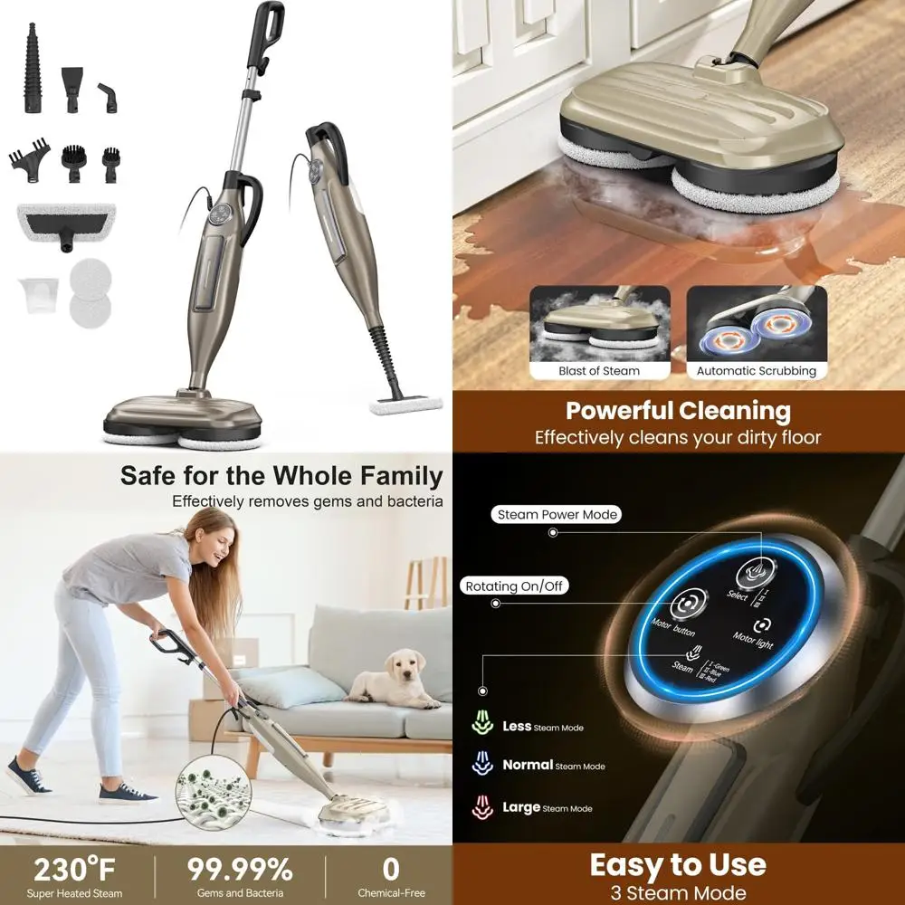 ممسحة بخارية مع وسادات دوارة، منظف بخار متعدد الأغراض 10 في 1، ممسحة دوارة خفيفة الوزن، 3 أوضاع بخار لخشب الصلب