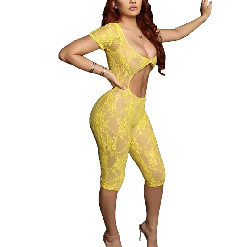 Women Sexy Center Hollow Out Flower Lace Jumpsuit Shorts Nightclub Party Short Sleeve Rompers Female Slim See-through Playsuits