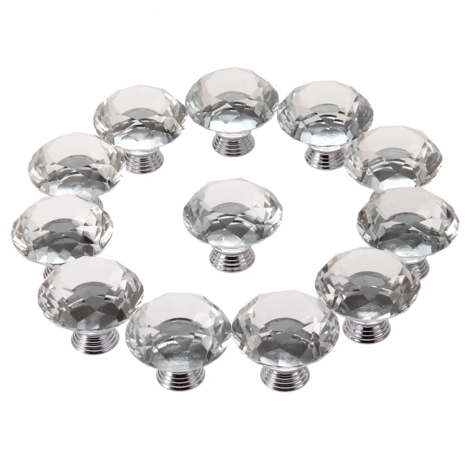 12PCS 40mm Crystal Glass Knob With Screws Gasket For Drawer Cupboard Pull Kitchen Wardrobe Door Cabinet Handles Hardware