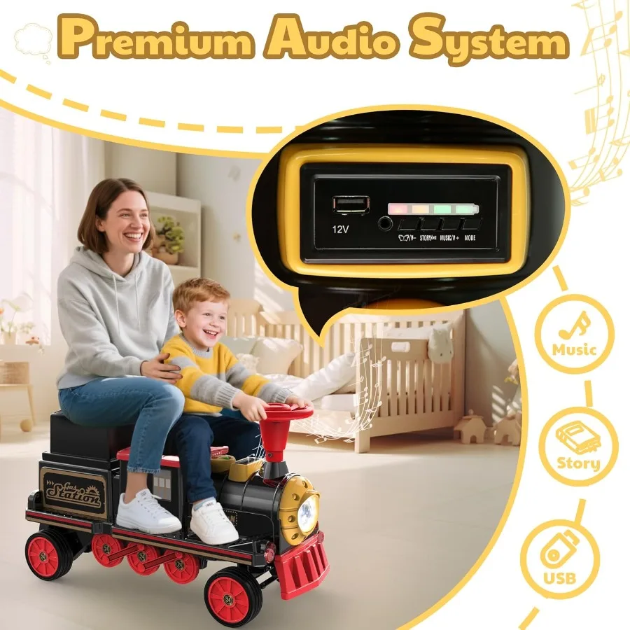 2인승 무궤도 기차, 높이 조절 가능한 시트가 있는 12V 어린이용 자동차, 추가 수납공간, 헤드라이트 (캐리지 미포함)