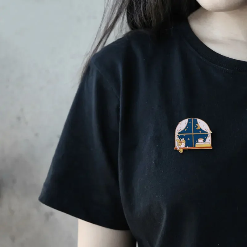 بروش نافذة ليلي مرصع بالنجم ، ليالي مريحة ، دبوس مينا ، كتاب نبات ، شارة قهوة ، مجوهرات رائعة #5