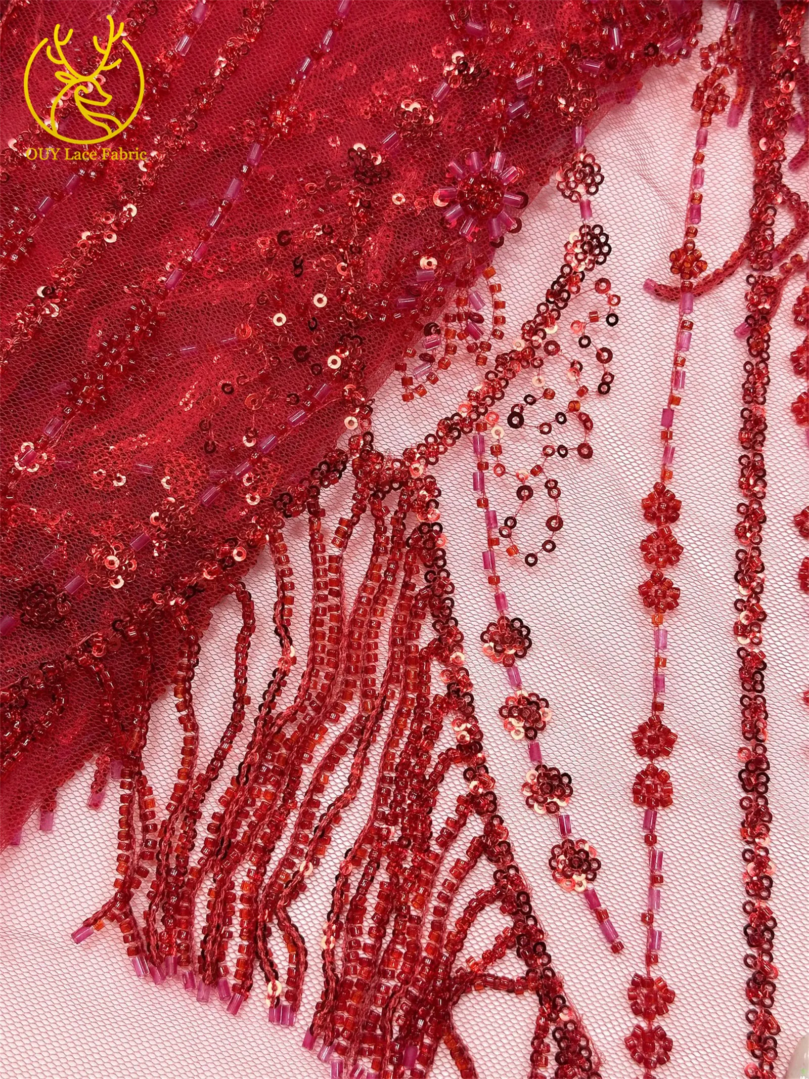 Roter 3D afrikanischer nigerianischer Perlen-Spitzenstoff, französischer Pailletten-Tüll, bestickter Spitzenstoff für Damen, Hochzeitsdekoration, Kleid, Nähen – Detail 25