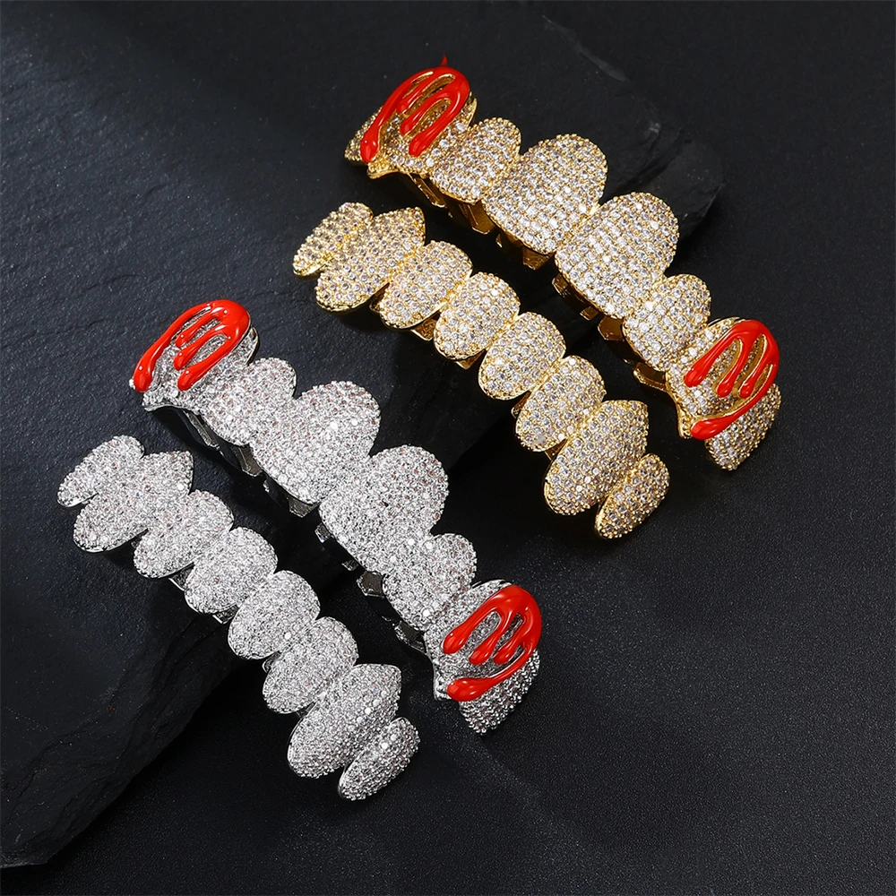 Hip Hop Red Drip Oil CZ Teeth Grillz Caps Cubic Zircon Iced Out Micro Pave Top&Bottom Charm For Men Women Jewelry Xmas Gift