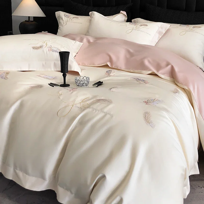 180S Luxury Light-Luxe Style, Pure Cotton 4-Piece Set! Long-Staple Cotton Sheet, Embroidered Alphabet Duvet Cover.