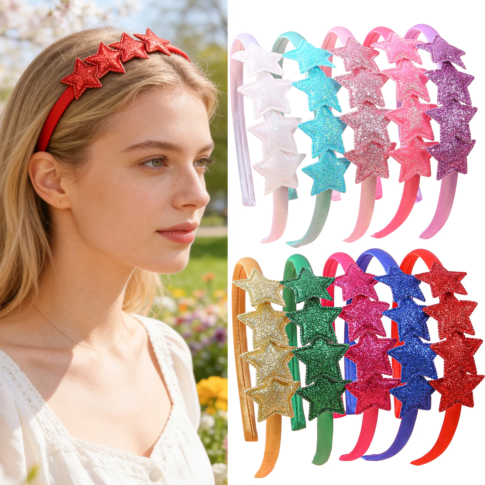 5/10 pieces, colorful sparkling star headband, sparkling pentagonal star headband, soft fabric headband.