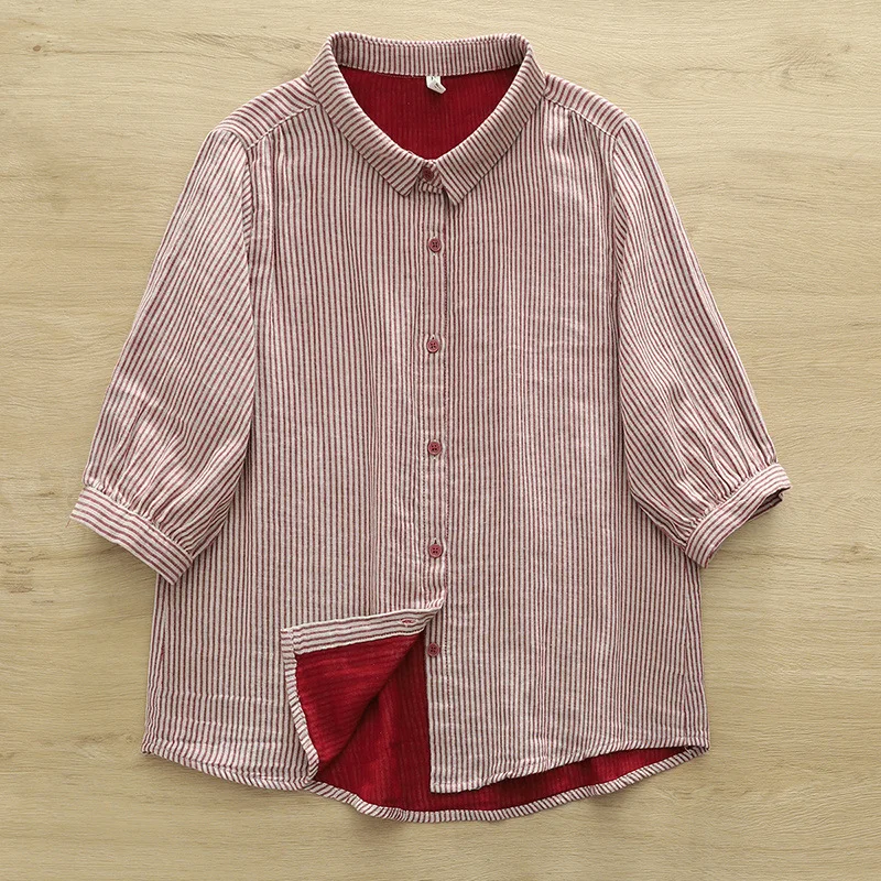 2025年夏新作 コットンヤーン ハーフスリーブシャツ レディース 襟付きストライプ柄 森ガール カジュアル 多機能 ゆったりブラウス T57384CC