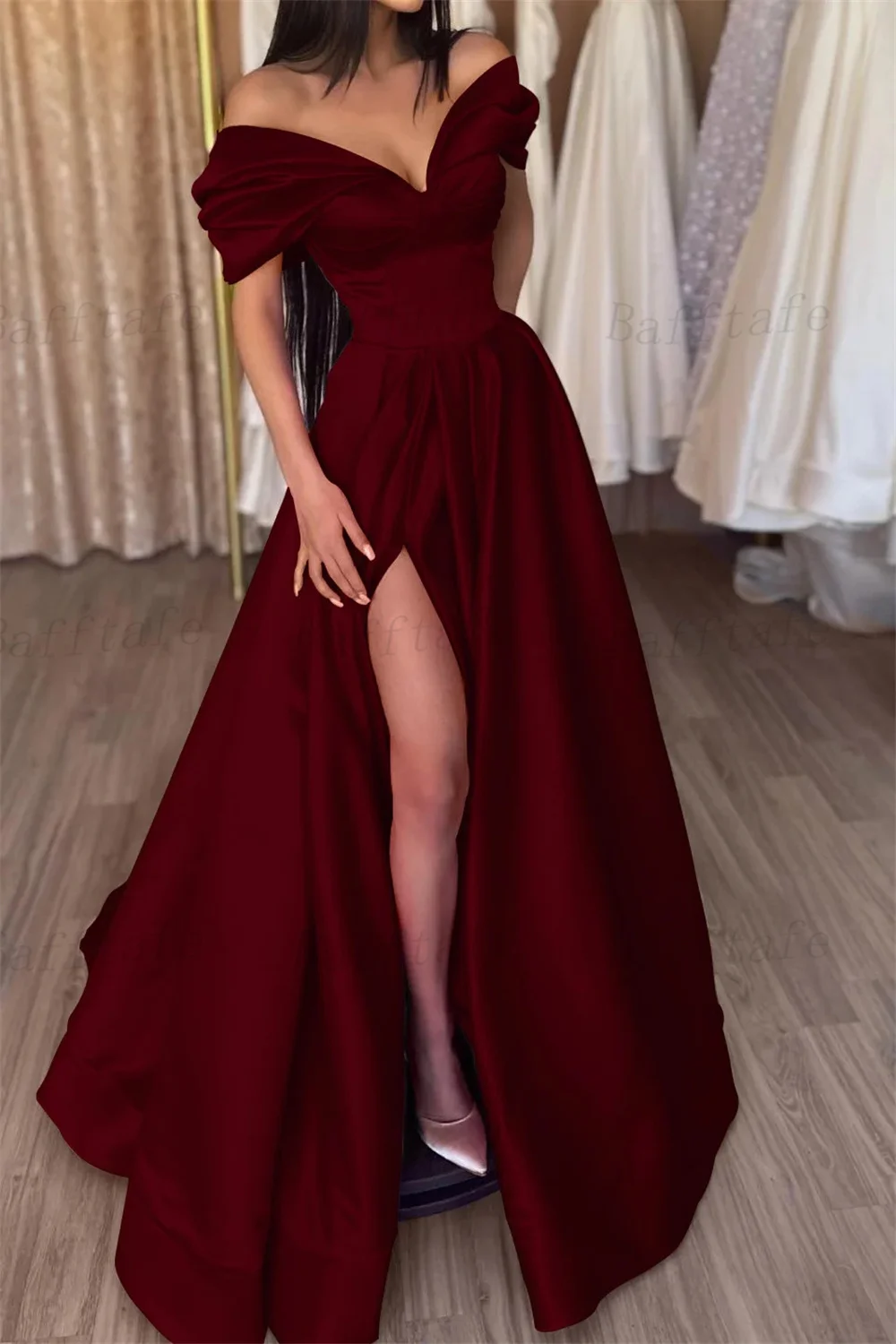 Bafftafe A Line Satin Women Evening Dresses Off The Shoulder Slit Long Prom Gowns Formal Special Occasion Party Dress Customized