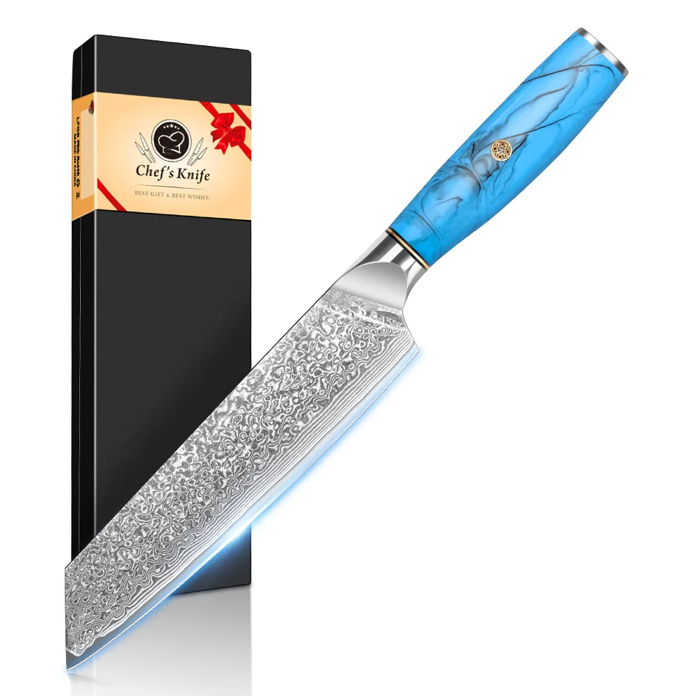 1 Stück Gyuto Kochmesser mit Etui, Damast-Küchenmesser, ultrascharfer VG-10-Stahl mit Harzgriff, professionelles Küchenmesser